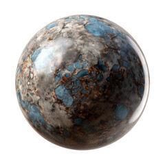 Mysterious exoplanet orb with intricate blue water-like formations and terrestrial metallic surface