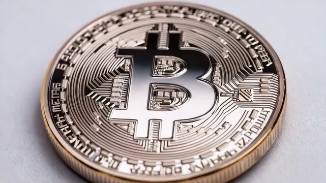 Gold digital coin with currency symbol circuit pattern shiny metal cryptocurrency token close up