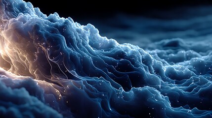 Abstract waves of blue light cascading into a dark abyss, glowing particles float above