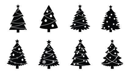 Obraz premium Collection of various black and white Christmas tree icons, decorated with ornaments, bows, and snowflakes, perfect for festive graphic design elements and holiday-themed projects