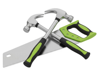 Isolated set of two shiny hammers and a saw for wood work on white surface studio shot