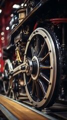 Fototapeta premium Close-up of vintage train wheel with silver rim and black spokes