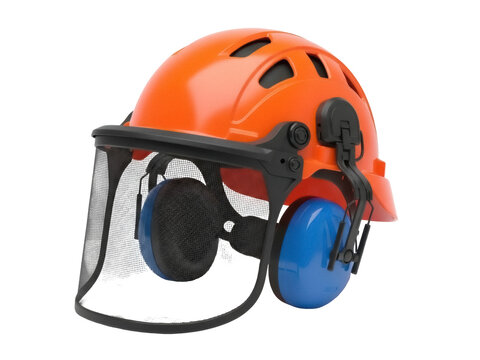 Isolated orange safety helmet with face shield and ear protection against harmful sounds, wear