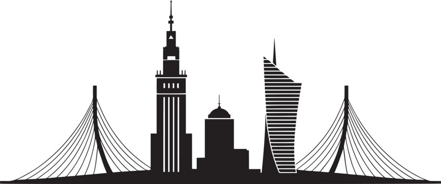 Iconic city skyline with cable-stayed bridges and distinct architectural styles vector