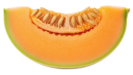 Isolated slice of cantaloupe melon with seeds, a refreshing fruit for snacks and dessert