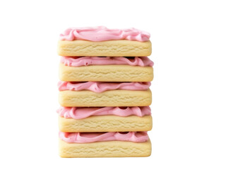 Isolated Stack of frosted sandwich cookies with pink cream filling, dessert treats, sweets