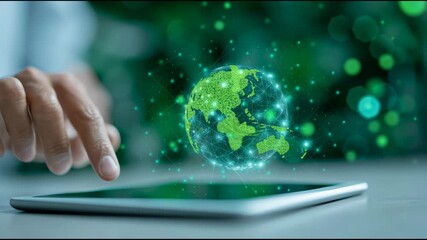 A person is touching a tablet with a green globe on it. The globe is surrounded by a green background - Powered by Adobe