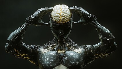 Robotic figure with exposed brain lifting skull humanoid metallic mechanical