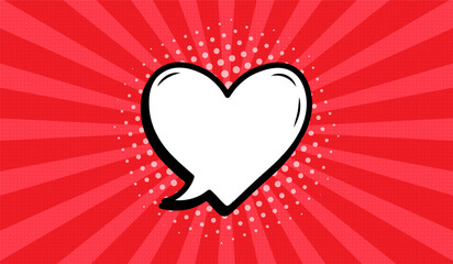 A heart-shaped speech bubble in retro comic style on a red background. Speech bubbles with semitones and radial rays, or elements of cartoon design, comics. Vector illustration.