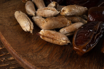 Date seeds and date stones with macro texture