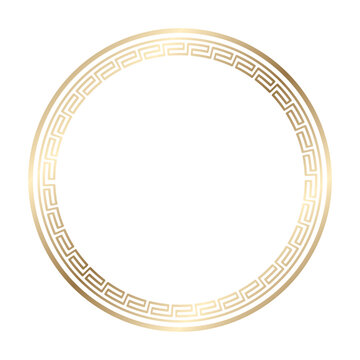 Chinese circular frame vector illustration with gold geometric meander pattern on white background. Elegant luxury border design for invitations, packaging, posters, branding and decorative layouts.