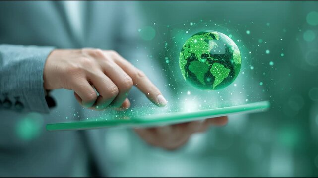A person is pointing at a tablet with a green globe on it. Concept of a person interacting with technology and the world, possibly exploring or learning about the globe. Scene is curious and engaged