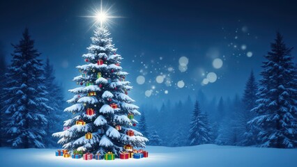 Abstract Christmas Tree On Snow - Winter Fir Forest At Night Forest