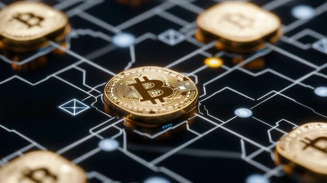 Gold bitcoin cryptocurrency blockchain digital currency coin gold futuristic circuit network