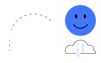 Cloud connectivity. Blue happy face and cloud icon with arrows highlighting cloud connectivity. Cloud connectivity communication, data sharing, and growth. Ideal for IT, tech, communication
