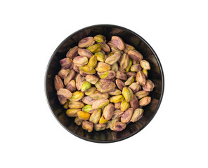 Fried salt pistachio nuts isolated. Baked pistachios pile, roasted green pistache fruits on white