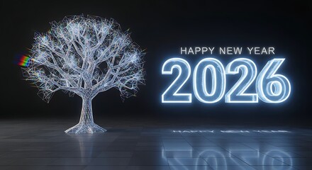 A Futuristic Glowing Wireframe Tree Celebrating Happy New Year 2026 on a Dark Digital Background