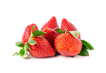 Fresh strawberry pile isolated, whole ripe straw berries, red juicy imperfect strawberri