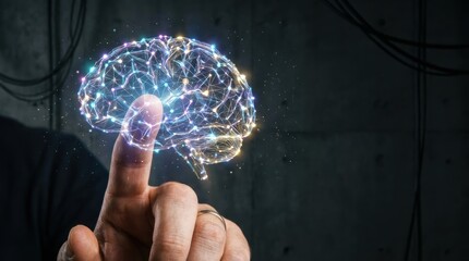 A hand touches a glowing, digital brain representation, symbolizing innovation, technology, and the connection between human intellect and artificial intelligence.