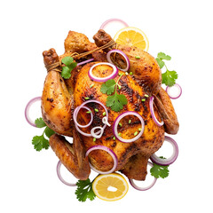 Golden roasted chicken isolated on transparent background