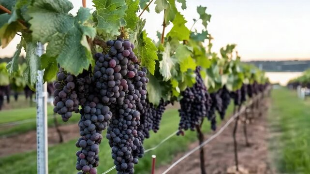 Ripe purple grape cluster on grapevine in sunlit vineyard rows by lake at sunset