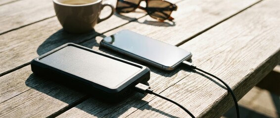 A smartphone and power bank are charging on a wooden table, accompanied by sunglasses and a cup of coffee, evoking a relaxed outdoor atmosphere.