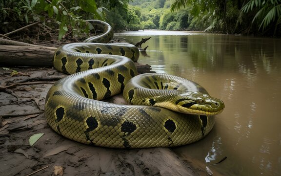 Large green anaconda snake rests calmly on muddy riverbank by water edge with lush green trees in wild natural habitat jungle environment of Amazon rainforest