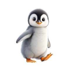 Fototapeta premium Adorable cartoon penguin standing with outstretched wing on transparent background