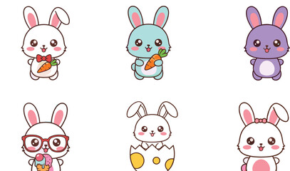 Cute bunny cartoon character collection with colorful rabbits carrot poses and funny expressions flat vector illustration for kids
