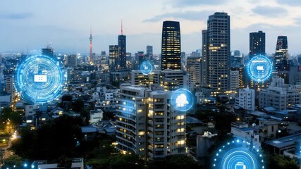 City lights turn on as digital icons appear, showing data and connections in the skyline during evening hours - Powered by Adobe