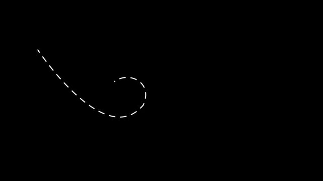 Arrow animation following wavy dotted line. Target arrow icon on black background. Long dotted line arrow animation to indicate an object. 4k Video