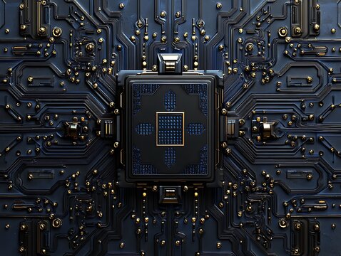Black and blue microchip on circuit board with gold accents - Powered by Adobe