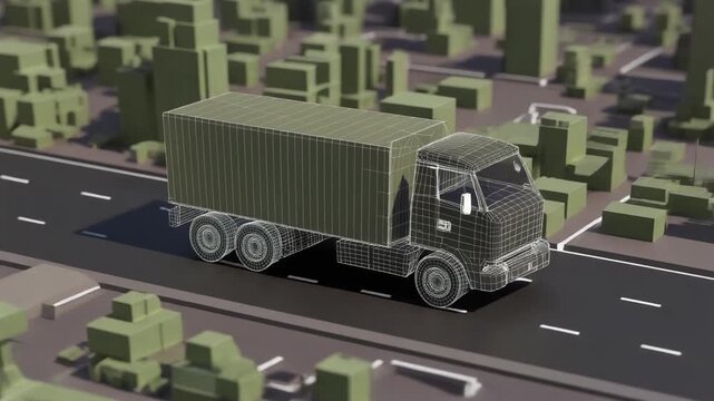 3D render of semi-truck driving through cityscape with wireframe and blocky buildings.
