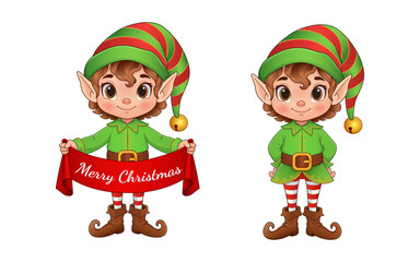 Christmas Elf Character Set, Vector Illustration of Elf Holding "Merry Christmas" Banner and Standing Pose, Festive Digital Art
