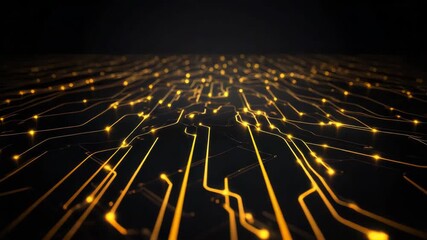 Glowing gold circuit lines and motherboard pattern dark surface creating futuristic technology - Powered by Adobe