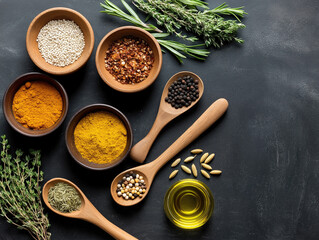 Spices and herbs arranged in wooden spoons on a dark table with oil