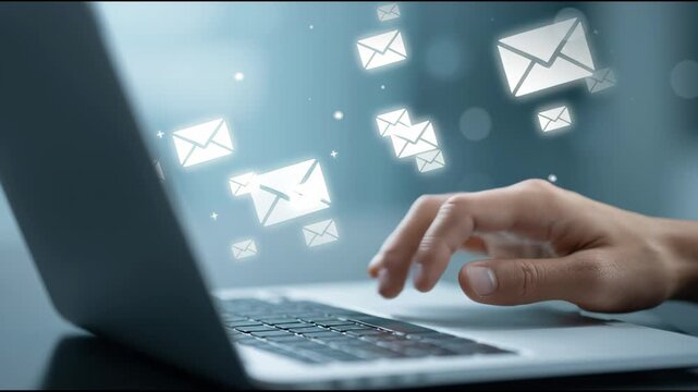 A laptop screen shows a person typing on a keyboard with a large number of emails displayed in the background. Concept of a busy workday, with the person likely working on multiple tasks