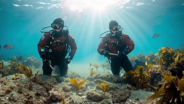 Scientific divers planting kelp seedlings on the ocean floor to restore a healthy marine ecosystem