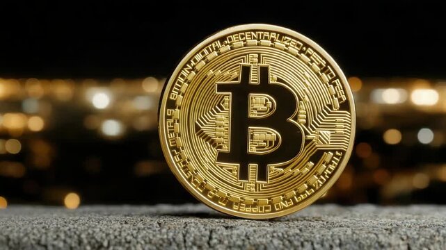 Golden bitcoin cryptocurrency coin and gold digital currency coin concrete with city bokeh night