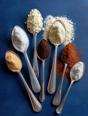 Spoons filled with different types of powder resting on a dark surface