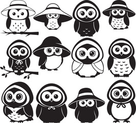 Cute Cartoon Owl Characters Wearing Hats Set