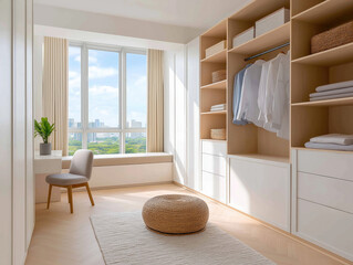 Organized minimalist wardrobe with neatly arranged clothes and accessories