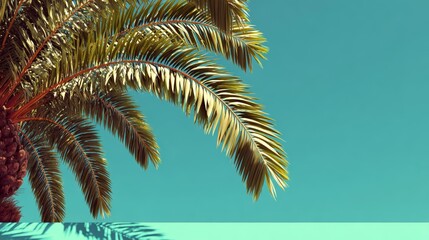 Palm Tree Leaves Against Blue Background.