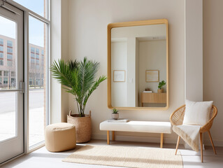 Modern interior space with a mirror, a bench, and a stylish plant