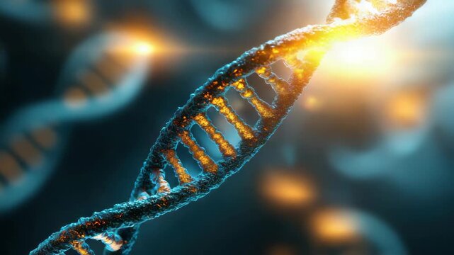Glowing DNA double helix strand with bioluminescent molecule texture microscopic genetic structure