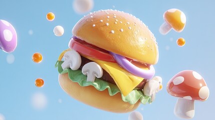 Delicious burger with floating mushrooms on blue background visual
