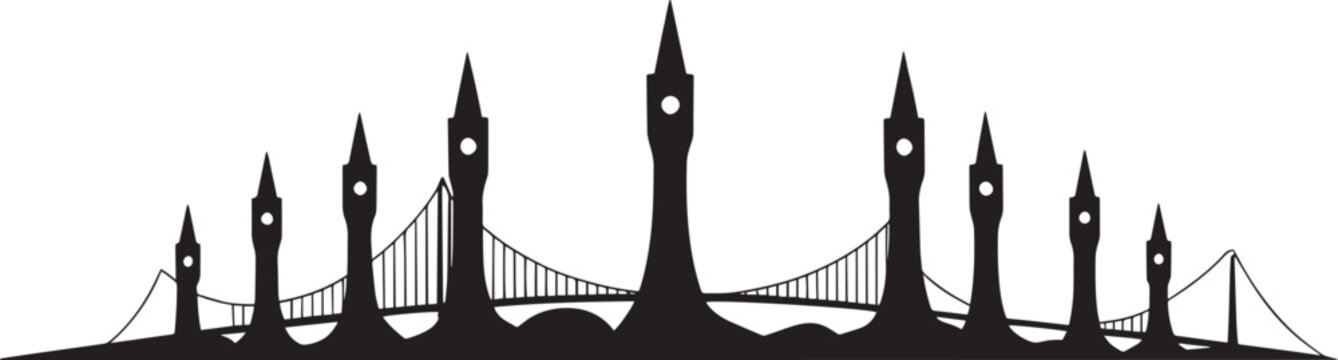 Fantasy city towers and suspension bridge vector illustration with clock details