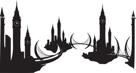 Naklejka premium Fantasy city skyline with floating islands clock towers and dramatic bridges silhouette