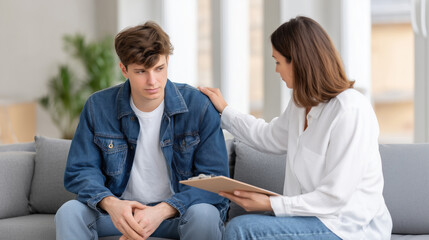 Counselor talks to young man in cozy office environment during therapy session with support