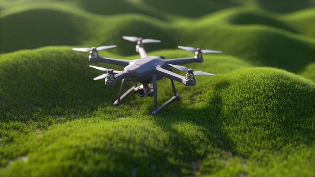 Gray drone on green grassy hill 3D rendering